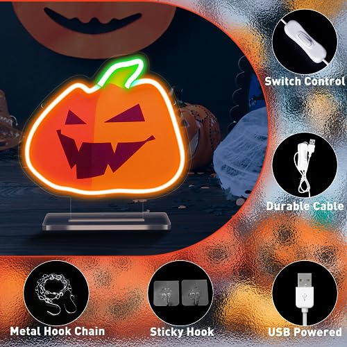 Image of Thanksgiving Pumpkin Neon Signs, Fall Pumpkin Neon Light Sign for Bedroom Wall Decor, USB Powered Light up Sign with Base, Pumpkin LED Signs Room Decor Aesthetic for Thanksgiving Decoration Gift