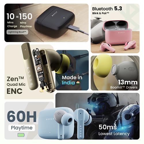 GOBOULT Z60 Made in India Ear Buds Wireless 60H Playtime, 4 ENC Mics Clear Calling, 50ms Low Latency Gaming, 13mm Bass Driver Earbuds Bluetooth Wireless Earphones (Powder Blue) view 2