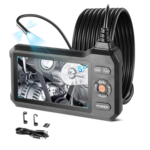 Image of VEVOR Triple Lens Endoscope with Light, 5 inch HD IPS Screen Industrial Borescope, 1280 x 720 Lens, 8 + 2 LEDs, 8X Zoom, IP67 Waterproof Inspection Snake Camera for Auto, Plumbing (16.4FT Rigid Cable)