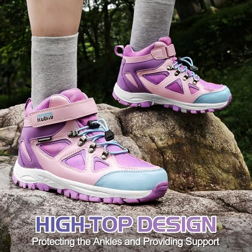 R CORD Kids Hiking Boots Drawstring Closure Girls Hiking Boots Waterproof Durable TPR Traction Outsole Anti-Skid Athletic Outdoor Boots4