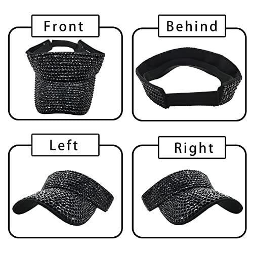 1 Piece Of Black Sun Visor Hat Shiny Rhinestones Sun Hat Adjustable Sport Visors Cap Visors For Women And Men (One Size) #TOP2
