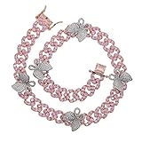 Iced Out Hip Hop Bling Women Jewelry White Pink Cz 12MM Cuban Chain Butterfly Necklace 16' (pink)