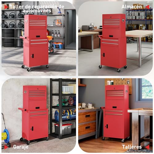 Miniatura 9 de Homcom Carro De Herramientas Con 6 Cajones Y Cerraduras, 3 En 1, Carro De Taller Móvil Con Ruedas Y Panel Lateral Perforado, Caja De Herramientas Desmontable De Acero, Para Taller, Garaje, Rojo