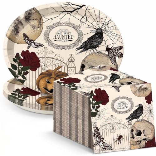 Dereinwo 50 Pcs Halloween Paper Plates and Napkins Set | Large Oval 12" x 10", Heavy Duty,Soak-Proof,Soft & Absorbent,Halloween Party Supplies for 25 Guests