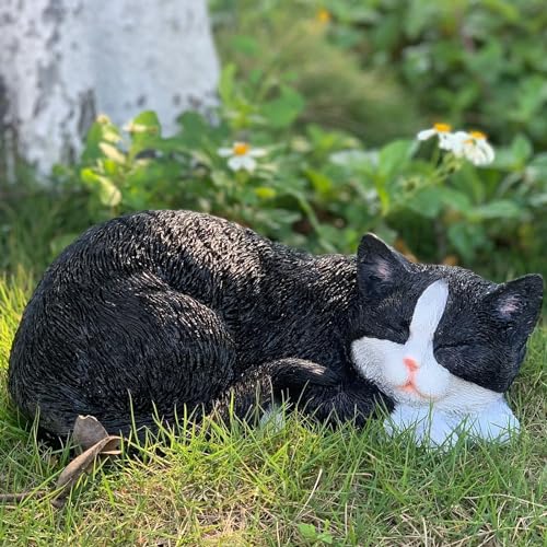 DHOBY GHAUT Statue de Chat endormi pour décoration de Jardin, Sculpture de Chat extérieur et Figurine décorative de pelouse, Statue tigrée Noire et Blanche pour terrasse, pelouse, Cour, Accessoire
