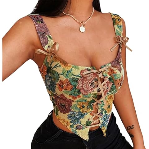 flaredmax Women's Vintage Floral Renaissance Corset Top for Women Y2k Sleeveless Drawstring Floral Flower Embroidered Top Cover
