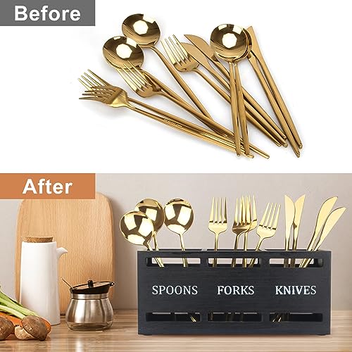 Ayiaren CUTLERY HOLDER Wood Silverware Organizer Containers Black Kitchen Utensil Holder For Countertop Spoon And Fork Holder Flatware Utensils Caddy thumb #5