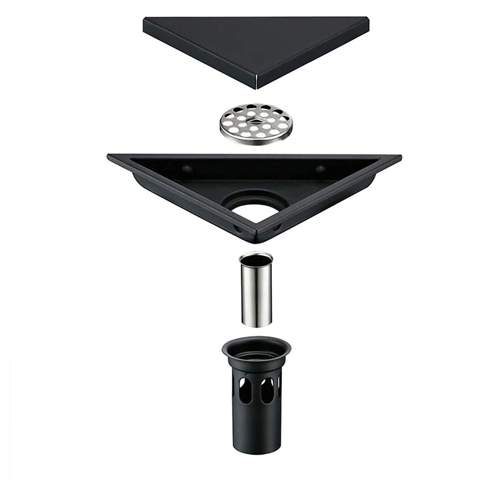 Scarico Doccia, Scarico a Pavimento in Acciaio Inox per Bagno, Scarico a Pavimento con Inserto in Piastrelle triangolari, Scarico Doccia con griglia Rimovibile, Filtro raccogli-Capelli, Nero Opaco