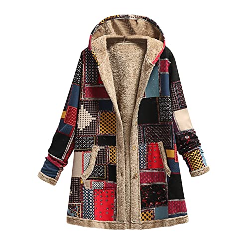 Uillui Women 2025 Winter Coat Vintage Boho Ethnic Coat Warm Fleece Patchwork Sherpa Jacket Button Up Hooded Coat with Pocket