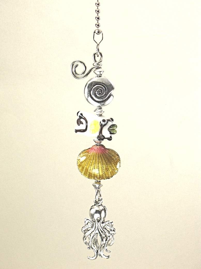 Artisan Handmade Lampwork Glass Fish, Enamel Sea Shell & Metal Snail Shell and Octopus Ceiling Fan Pull Chain