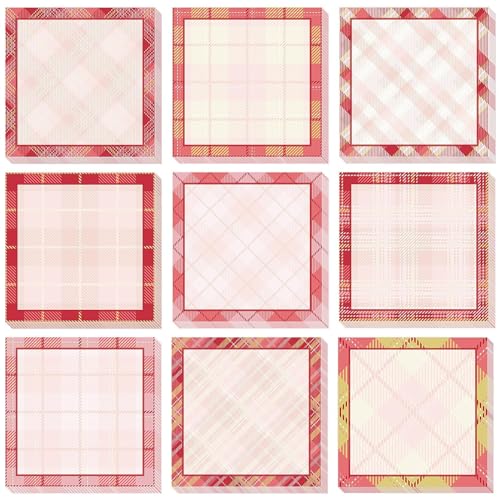 9 Pieces Valentine's Day Sticky Notes Valentine's Day Plaid Self-Adhesive Note Pads Sticky Valentine Memo Notes for School Office Home Supplies Students Teachers Presents Valentine's Day