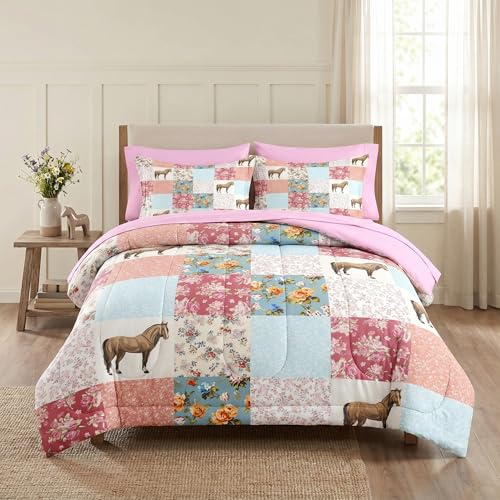 Pamnest Comforter Set Twin Size Horse Animal Pink 5 Pcs Bedding for Kids and Adults Country Farmhouse Bed Sheet Sets with Fitted Sheet Pillowcase & Sham for Bedroom Bed Decor