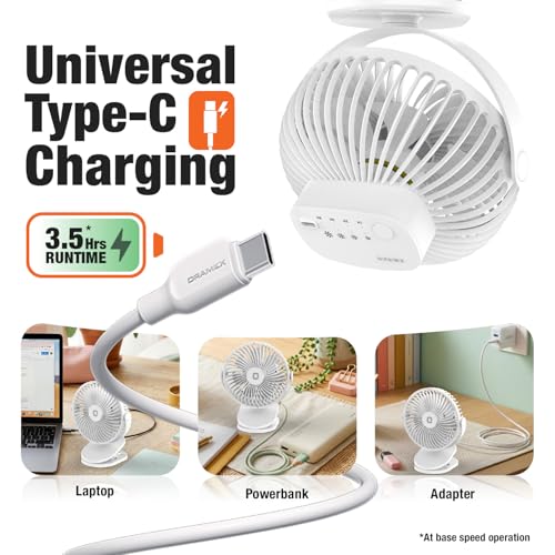 Image of Orient Electric Orbis Rechargeable Personal Fan | 360 Rotation | 1800 mAh Battery | 4 Speed Modes with Timer | Quiet Operation | USB Type-C Charging | Clip-On Mini Fan (White)