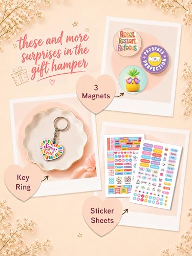 Image of DOODLE Happy Vibes Gift Hamper for Girls | 14 Cute Goodies with Notebook, Stickers, Photo Frame, Magnets, Key Ring, Thoughtful Card, Notecards & Chit Pad | Ready-to-Gift Birthday Hamper