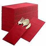 Disposable Linen-Feel Dinner Napkins with Built-in Flatware Pocket, 50-Pack BRIGHT RED Prefolded Cloth Like Paper Napkins For Dinner, Wedding Or Party