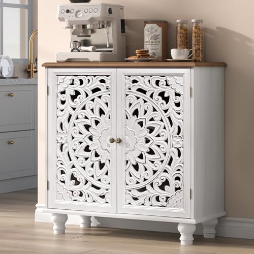 Image of Accent Cabinet with Doors, Decorative Storage Cabinet with Adjustable Shelf, Carved Sideboard Buffet with Solid Wood Legs for Living Room, Entryway, Kitchen, Hallway, White