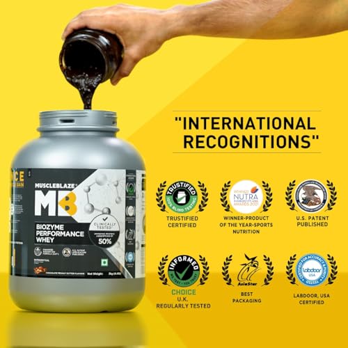 Image of MuscleBlaze Biozyme Performance Whey Protein Powder, Chocolate Peanut Butter (2kg / 4.4lbs) & Micronised Creatine Monohydrate CreAMP Powder, Unflavoured (32 Servings, 100g) | Pack of 2