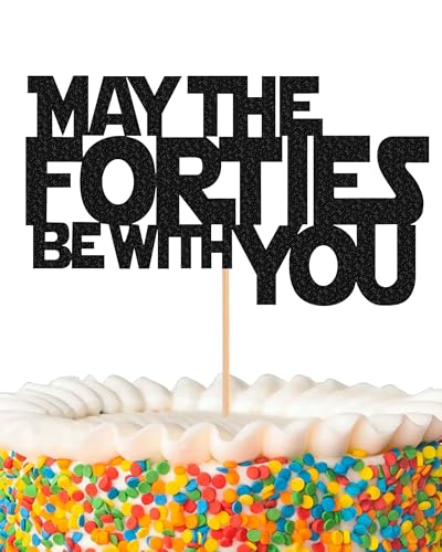 May The Forties Be With You Cake Topper - Glitter Black 40th Birthday Cake Decorations, 40th Wedding Anniversary Cake Pick
