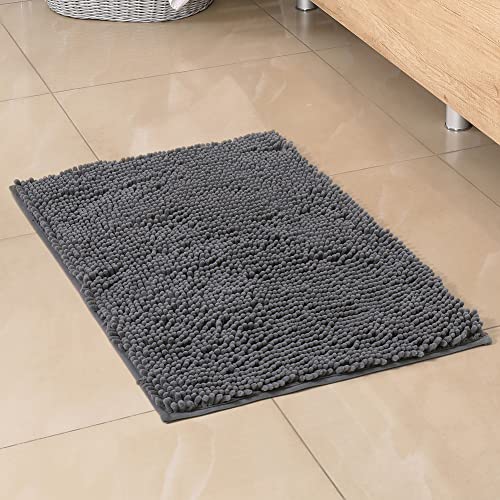 Oraniful Gray Bathroom Rug 17X24 Inches Non Slip Shaggy Chenille Bath Mats Plush Toilet Floor Carpet Rubber Backing Super Water Absorbent Quick Dry Machine Washable Extra Soft #TOP5