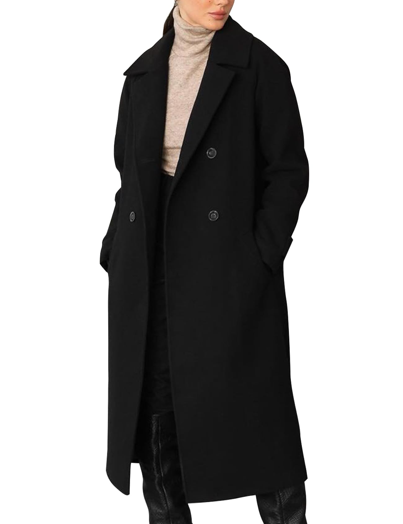 Flygo Womens Long Pea Coat Notch Lapel Double Breasted Trench Coat Fall Winter Overcoat Long Jacket