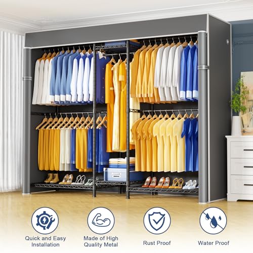 Ulif E12C Pro Heavy Duty Closet Organizer System,Freestanding Clothing Racks for Hanging Clothes,Adjustable Garment Rack 71\"W x 16\"D x 76.5\"H Hold 960lbs,Black Clothing Rack with Grey Dustproof Cover