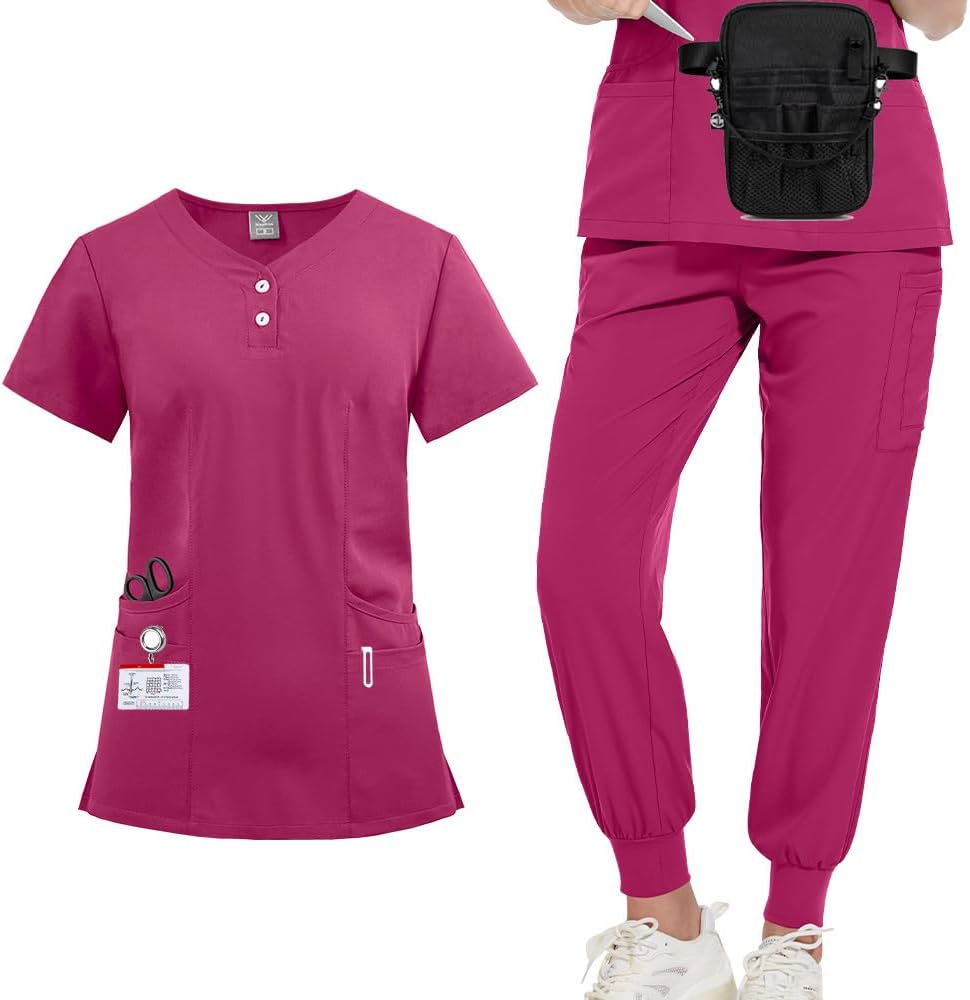 Short Sleeve Women's Nurse Overalls with Bag: Premium Split Set Workwear Uniform