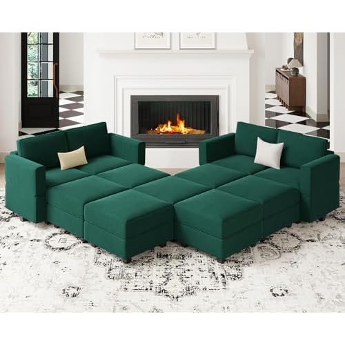Belffin Green Velvet Modular Sofa with Storage Ottomans, Extra Large Sleeper Sectional Sofa Bed, Reversible Chaise, 11 Seats, Adjustable Backrest & Ar
