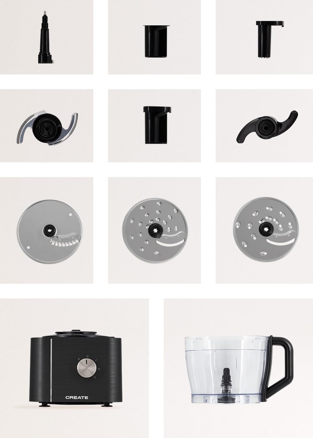 CREATE/CHEF CHOP/Procesador de alimentos negro/Robot de cocina multifunción, 10 modos, 3 velocidades, bol procesador 2L, cuchillas de acero inoxidable, 1100W