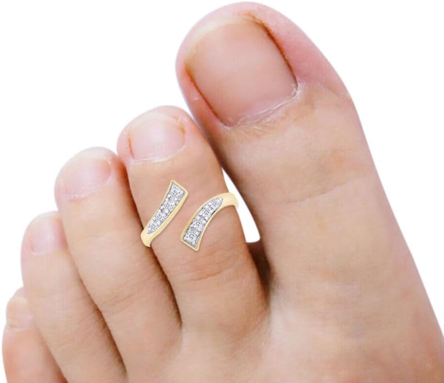 0.10 Ct Round Shape Cubic Zirconia Bypass Adjustable Toe Ring In 14K Yellow Gold Plated 925 Silver