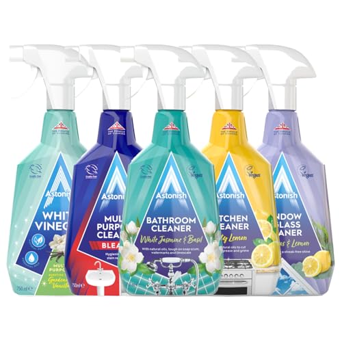 Astonish 5 Piece Household Cleaning Products GiftSet Bundle – Kitchen Cleaner, Bathroom Spray, Glass & Window Cleaner, Multi-Purpose with Bleach, White Vinegar – 750ml Each