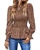 PRETTYGARDEN Women's Tops Casual Long Sleeve Crewneck Floral Print Smocked Ruffle Hem Slim Babydoll Blouse Shirt Tunics( White Coffee,Medium)
