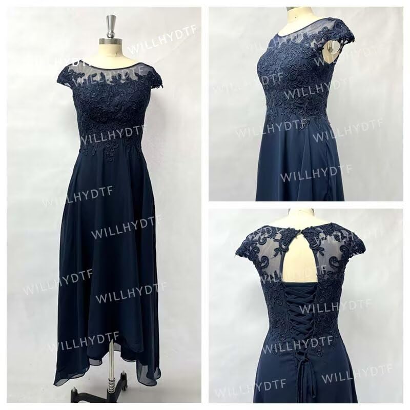 Laces Appliques Mother of The Bride Dresses Tea Length Chiffon Short Sleeve Wedding Guest Gowns with Pockets - Image 5