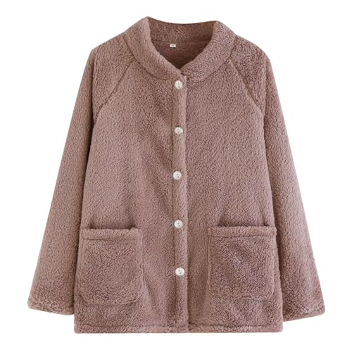 Oplxuo Women Cozy Warm Bed Jackets for Elderly Women Fuzzy Fleece Jacket Button Up Sleepwear Long Sleeve Winter Coats Brown