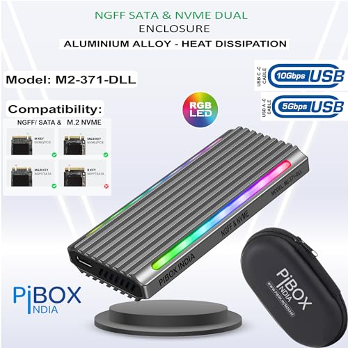 Image of NVME M2 LED Enclosure, PiBOX India NVMe /NGFF SATA Dual SSD Enclosure - USB 3.2 10Gbps, Tool-Free M.2 NVMe Case, PCI-E NVMe Reader, USB-C, Supports M & B&M Keys, 2230 /2242 /2260 /2280 SSD RTL9210B