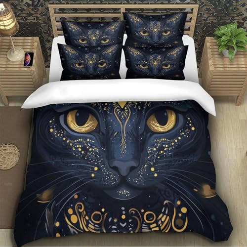 Housse de couette chat noir 140x200cm lit enfant avec parure de lit microfibre 3D