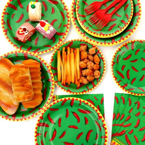 Image of 100 Pcs Chili Cook Off Party Plates and Napkins Set Pepper Birthday Decorations Mexican Party Supplies Mayo Tableware Fiesta Themed Party Favors for Red Chili Party Decorations Serves 25