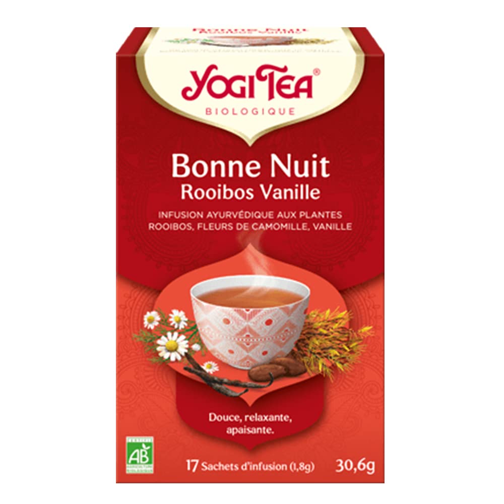 YOGI TEA – Bonne Nuit Rooibos Vanille Bio – Infusion Relaxante Sans Caféine – Mélange de Rooibos, Fleur de Camomille & Vanille – Détente & Sommeil – 17 Sachets
