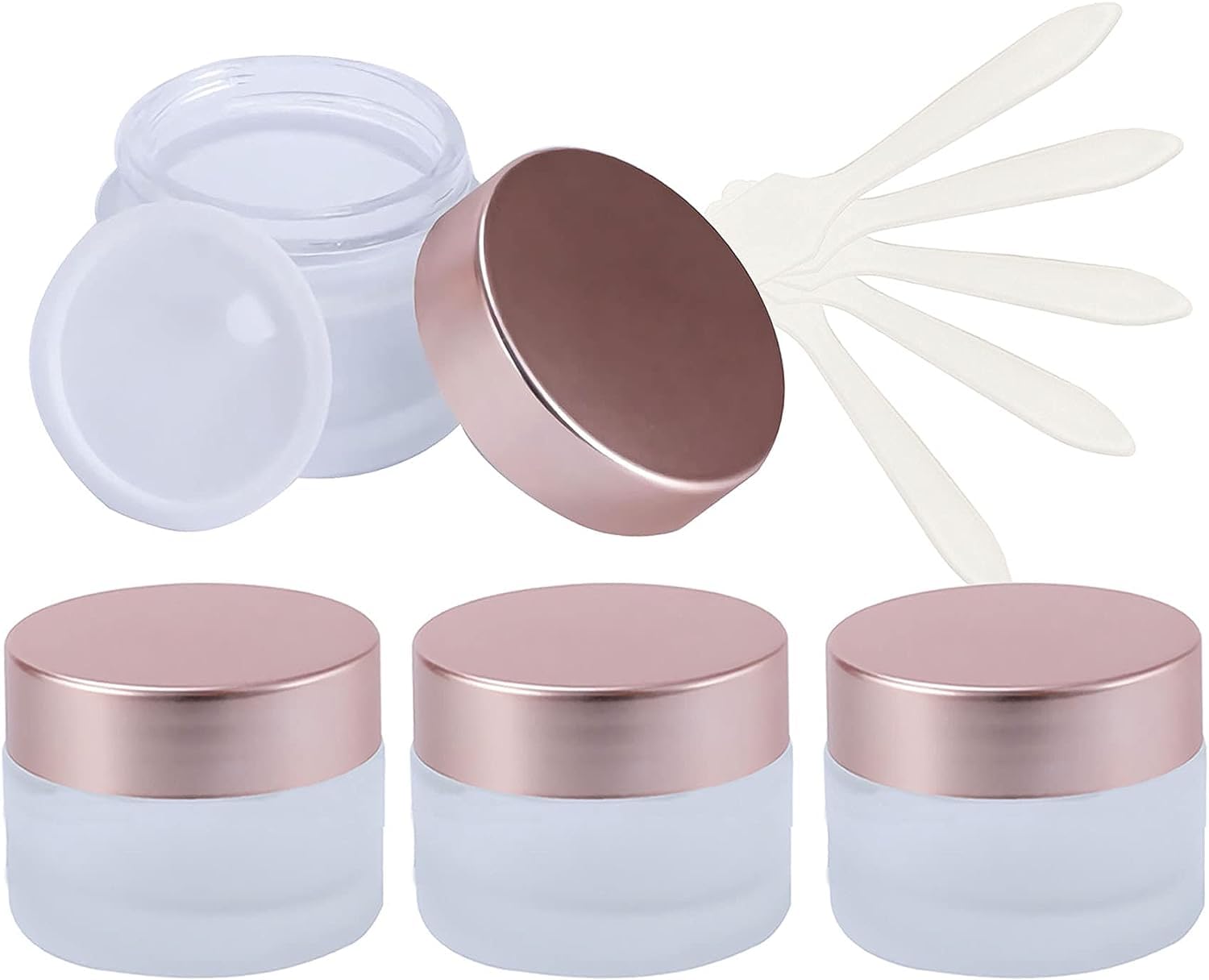 KRXSOBNV Cosmetic Jars, 4 Pack Empty Face Cream Storage Containers Pots with Rose Lid, Frosted Glass Cosmetic Jars(15ml)