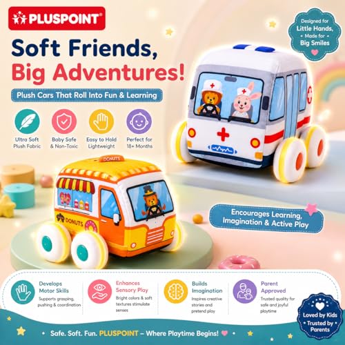 Image of PLUSPOINT Soft Pull Back Vehicle Set of 2 - Plush Baby Toy Cars with Ambulance & Donut Car Design, Soft Washable Pull Back Toys for Babies & Toddlers 2+ Years