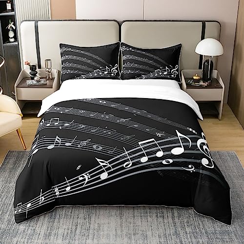 Homemissing Notes Coton Housse de Couette 220x240cm Enfants Piano Guitare Parure de lit Adulte Classique Musique thème Literie Set Noir et Blanc Ensemble literie décoration de Chambre avec