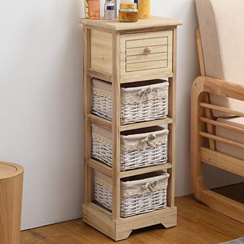 Rebecca Mobili Chest of Drawers Cabinet Bathroom 1 Drawer 3 Baskets Wooden Wicker Brown Light Country Bathroom Kitchen Home Decor - 81 x 30 x 27 cm (H x W x D) - Art. RE6106