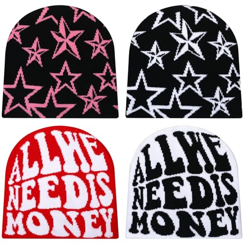 Image of Ramede 4 Pcs Y2k Beanie - Double Sided Graphic Beanies for Men and Women, Acrylic Knitted Y2k Hats Accessories
