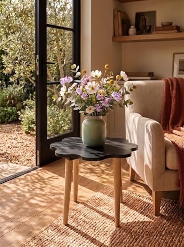 Image of Modern Scalloped Side Table with 3 Wooden Legs, Minimalist End Table /Coffee Table for Living Room, Bedside Nightstand for Bedroom, Balcony & Small Spaces