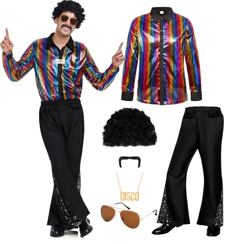 Mens 70s Disco Outfit Retro 70s Costume Bell Bottom Pants Long Sleeve Shirts 70s Wigs Sets for Halloween Party