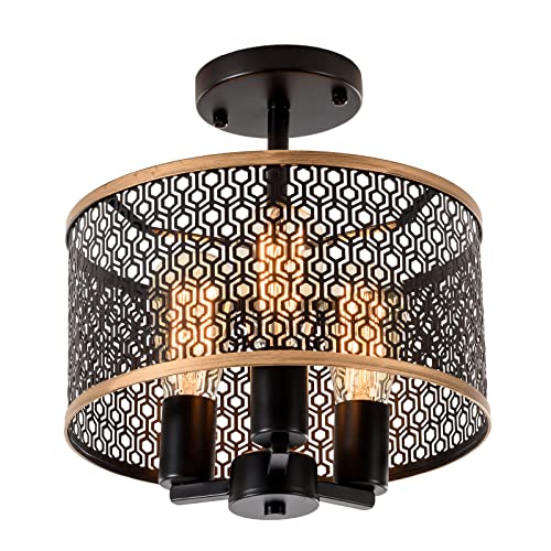 PLFANN Vintage Semi Flush Mount Deckenleuchte, 29.5CM, Retro Metallnetz Trommelschirm, Schwarz lackiert, 3xE27 Steckdose (KEINE GLÜHBIRNE) Cover