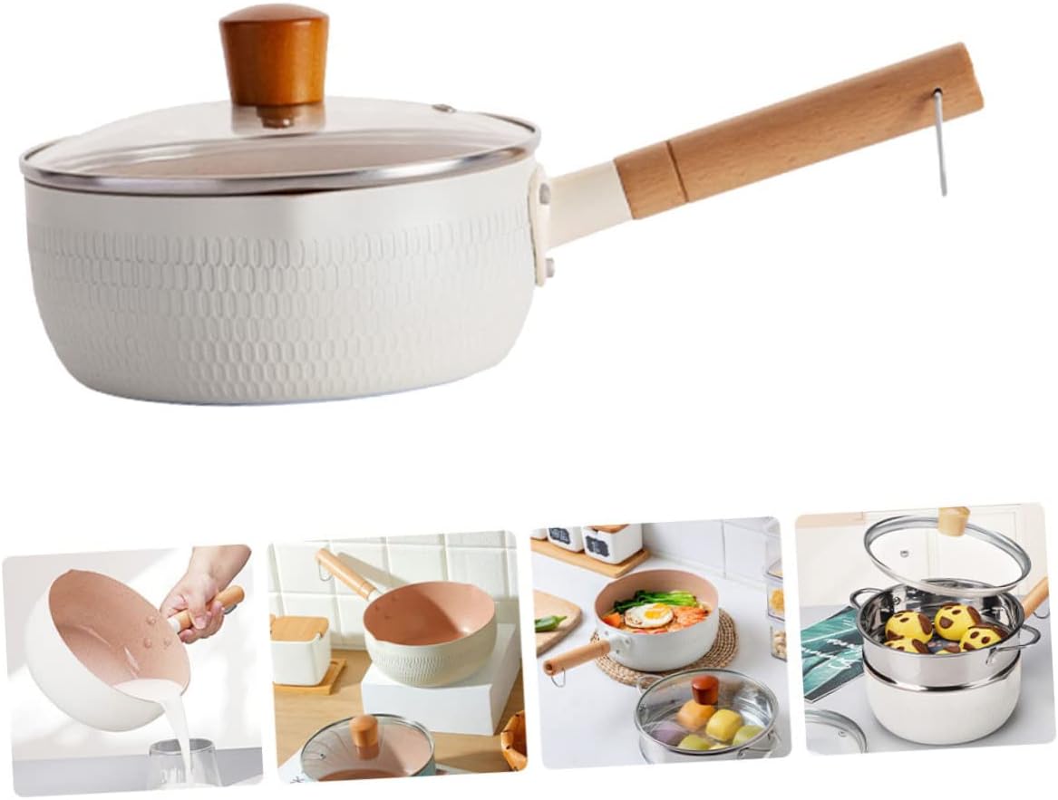 PRETYZOOM 1set Nonstick Food Cooking Pot Extended Handle White Pan for Easy Breakfast and Noodle Preparation Convenient Clean-up and Induction Compatible