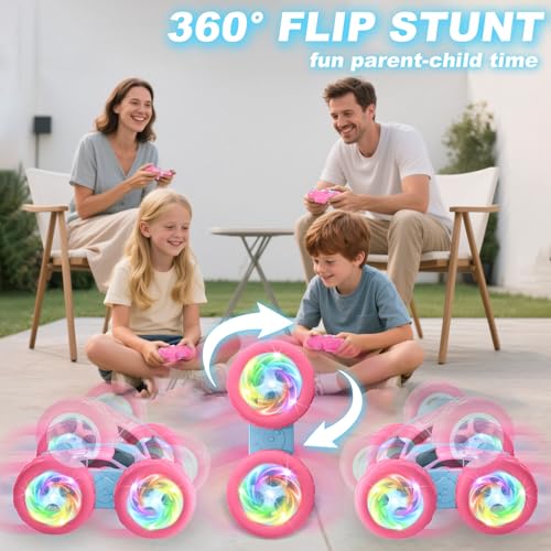 Image of Remote Control Car, RC Cars for Girls, 2.4 GHz Double Sided RC Crawler with Upgraded USB-C Modular Battery, 360Rotating Car Toys for 6 7 8 9 10 11 12 Year Old Girl Birthday Gift PinkBlue
