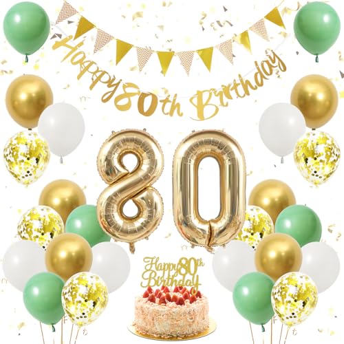 Green Gold White 80th Birthday Decoration, Green Gold Set with Foil Balloon 80th, Bunting, Cake Topper, for Men Women's 80th Party Decoration, Senior's Unisex Party