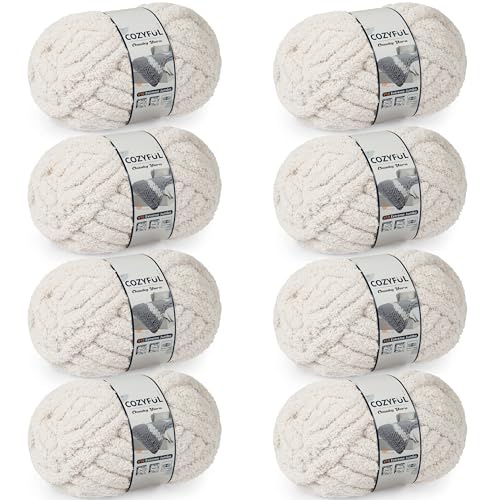 Cozyful Chunky Yarn for Hand Knitting - 10 Chunky Chenille Yarn, Jumbo Big Thick Chunky Yarns for Crocheting, Super Bulky Chunky Knit Blanket Yarns, 8 Skein (25 yds 8 oz Each Skein), Beige White