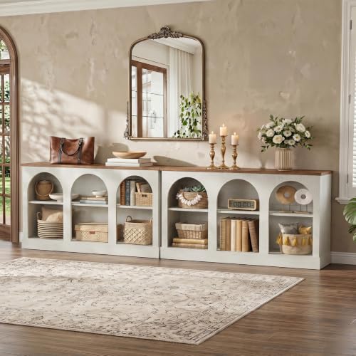 Image of Tribesigns Farmhouse Console Table Set of 2, Extra Long Entryway Table with 3 Tier Storage, Wooden Rectangular Sofa Table Behind The Couch for Entrance, Hallway, Living Room, Off-White and Brown